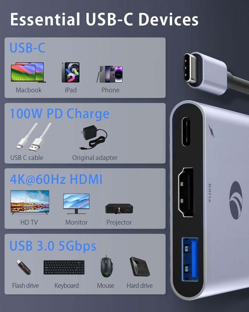 Vcom USB-C to HDMI Adapter, 3-in-1 4K@60Hz HDMI Adapter with 100W PD Charging & 5Gbps USB 3.0 Port, USB Hub Multiport for MacBook, iPad, iPhone 16 Pro Samsung S24/23, Chromebook (Grey（3-in-1) - Image 4